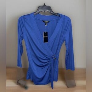NWT Women’s Lauren Ralph Lauren Stretch Jersey Surplice Top-Blue-SP